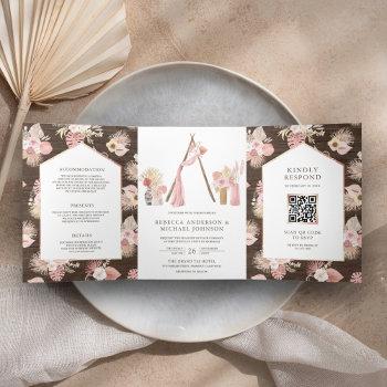 dusty pink floral boho arbor wood qr code wedding tri-fold invitation