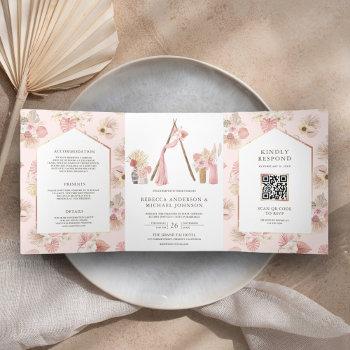 Small Dusty Pink Floral Boho Beach Arbor Qr Code Wedding Tri-fold Front View