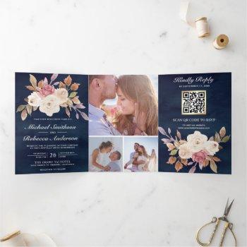 dusty pink ivory floral navy blue qr code wedding tri-fold invitation