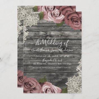 Small Dusty Pink Roses Grey Rustic Wood Lace Wedding Front View