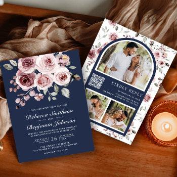 Small Dusty Pink Roses Photo Navy Blue Qr Code Wedding Front View