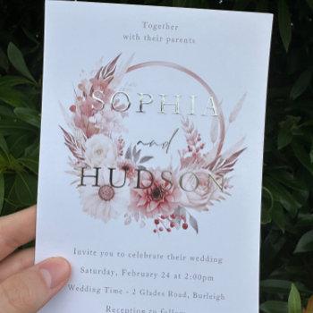 dusty pink silver foil modern boho wreath wedding foil invitation