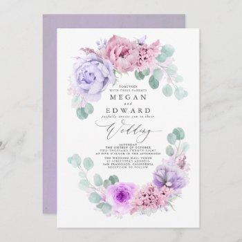 dusty purple and pink floral elegant boho wedding invitation