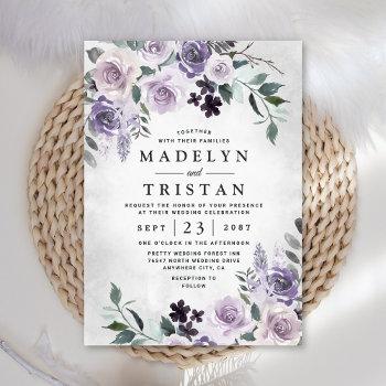 dusty purple and silver gray floral rustic wedding invitation