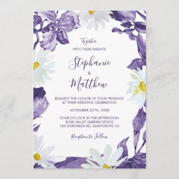 dusty purple iris white daisy botanical wedding invitation