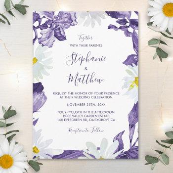 dusty purple iris white daisy botanical wedding invitation