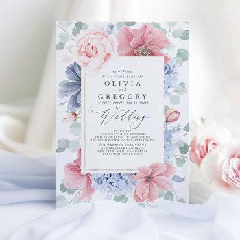 dusty rose and dusty blue flowers elegant wedding invitation