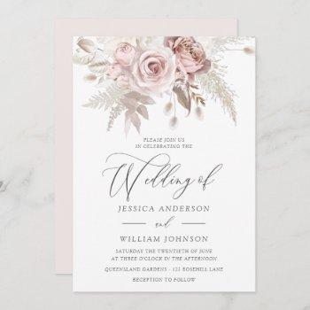 dusty rose blush boho pink ivory floral wedding  invitation