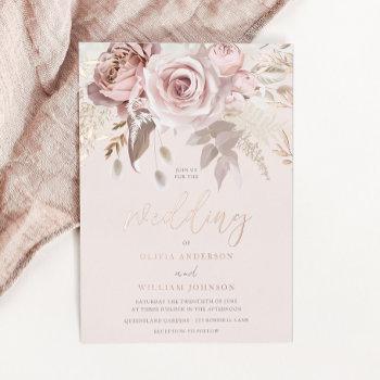 dusty rose blush floral fall wedding rose gold foil invitation