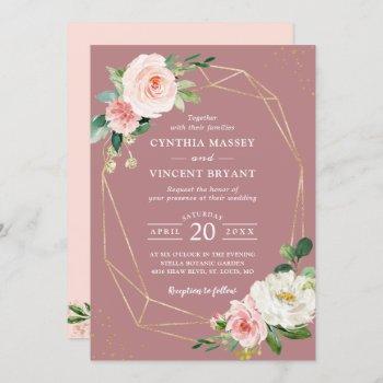 dusty rose blush floral gold geometric wedding invitation