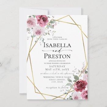 dusty rose burgundy gold floral wedding invitation