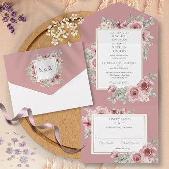 dusty rose floral gold geometric wedding all in one invitation