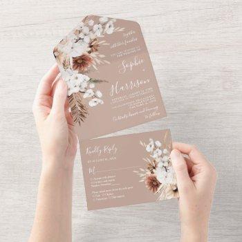 dusty rose floral orchid mauve beige boho wedding all in one invitation