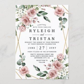dusty rose pink and gold floral greenery wedding invitation