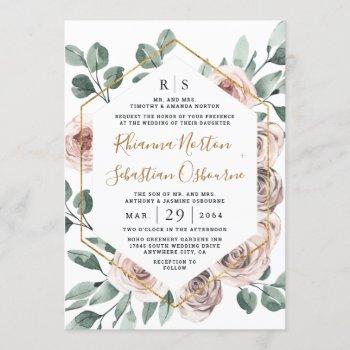 dusty rose pink mauve greenery floral gold wedding invitation