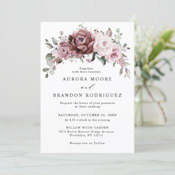 dusty rose pink peach floral wedding invitation