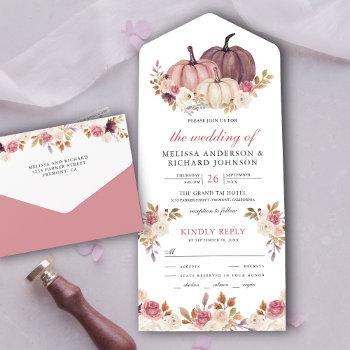 dusty rose pink pumpkin and ivory floral wedding all in one invitation