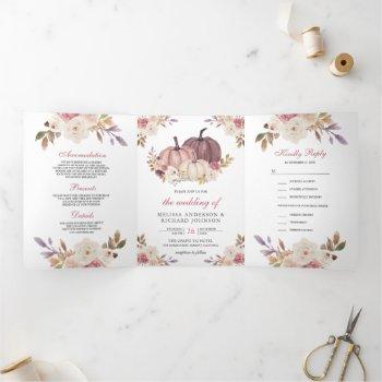 dusty rose pink pumpkin and ivory floral wedding tri-fold invitation