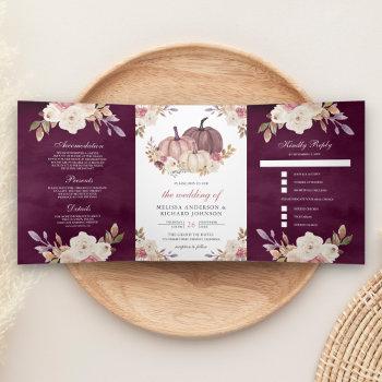 dusty rose pink pumpkin ivory floral plum wedding tri-fold invitation