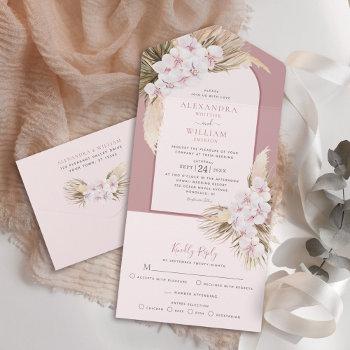 dusty rose tropical pampas grass orchids wedding  all in one invitation