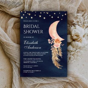 earthy floral crescent moon navy bridal shower invitation