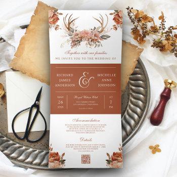 Small Earthy Terracotta Floral Antlers Qr Code Wedding Tri-fold Front View