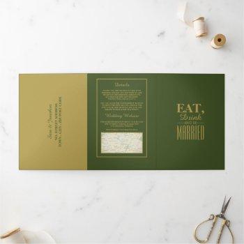 eat, drink & be married olive & gold wedding suite tri-fold invitation