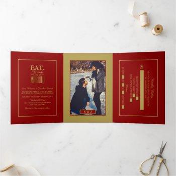 eat, drink & be married red & gold wedding suite tri-fold invitation