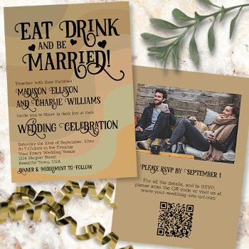 eat drink & be married tan qr code & photo wedding invitation