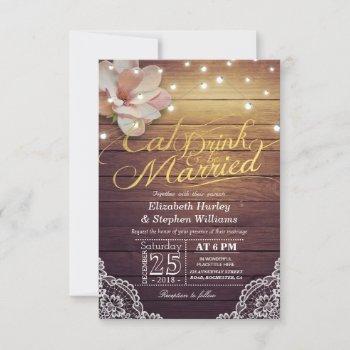 eat drink & be married wedding floral rustic wood invitation