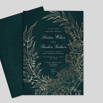 editable emerald flower wreath gold foil wedding invitation
