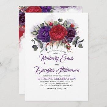 eggplant purple and burgundy floral fall wedding invitation