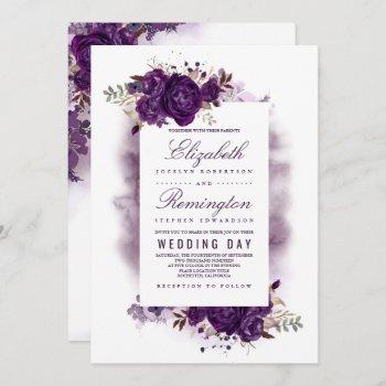 eggplant purple floral elegant watercolor wedding invitation