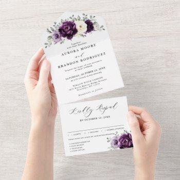eggplant purple plum ivory white floral wedding all in one invitation