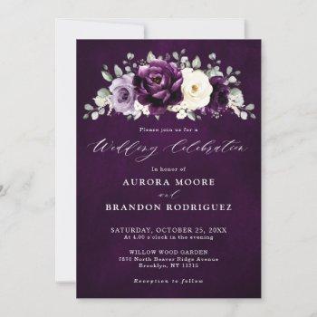 eggplant purple plum ivory white floral wedding in invitation