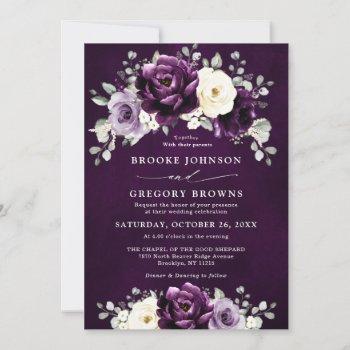 eggplant purple plum ivory white floral wedding in invitation