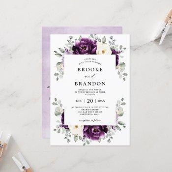 eggplant purple plum ivory white floral wedding invitation