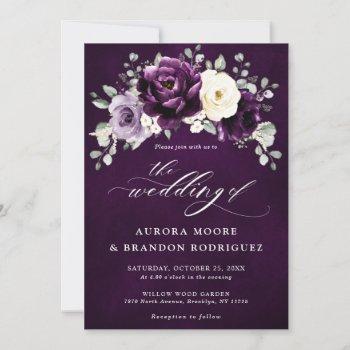 eggplant purple plum ivory white floral wedding    invitation