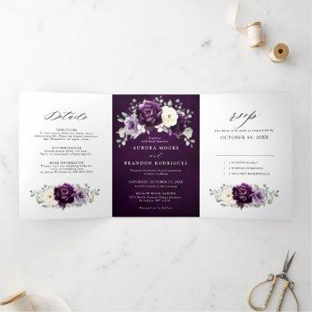 Small Eggplant Purple Plum Ivory White Floral Wedding Tr Tri-fold Announcement Front View