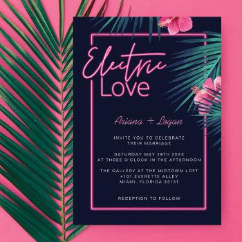 electric love neon pink tropical retro wedding invitation