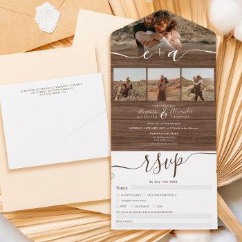 Small Elegant 4 Photos Rustic Brown Wood Script Wedding All In One Front View