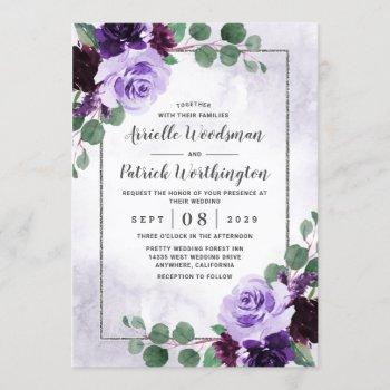 elegant airy boho floral purple and silver wedding invitation