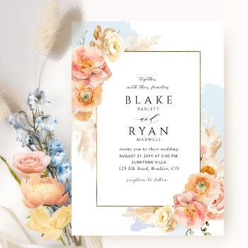 elegant and simple blue, peach and blush wedding invitation