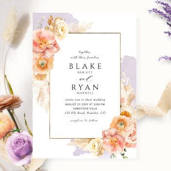 elegant and simple purple, peach and blush wedding invitation