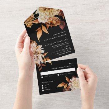 elegant autumn watercolor floral + black wedding all in one invitation