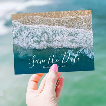 Small Elegant Beach Blue Ocean Save The Date Announcement Post Front View
