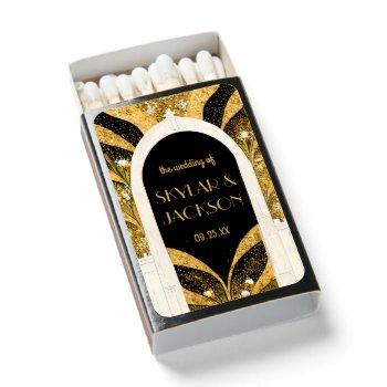 elegant black and gold art deco archway wedding matchboxes