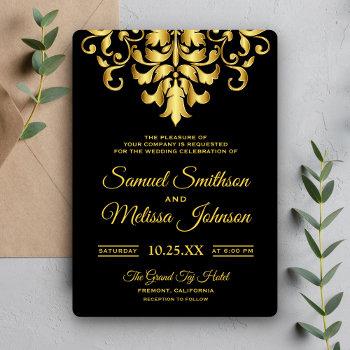 elegant black and gold damask wedding invitation