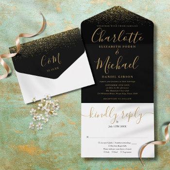 elegant black and gold glitter script wedding all in one invitation
