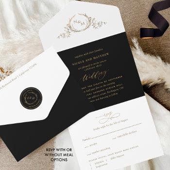 elegant black and gold monogram wedding with rsvp  all in one invitation